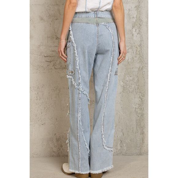 POL Striped Belted Frayed Seam Distressed Straight Denim High Waisted Jeans - Picture 2 of 5